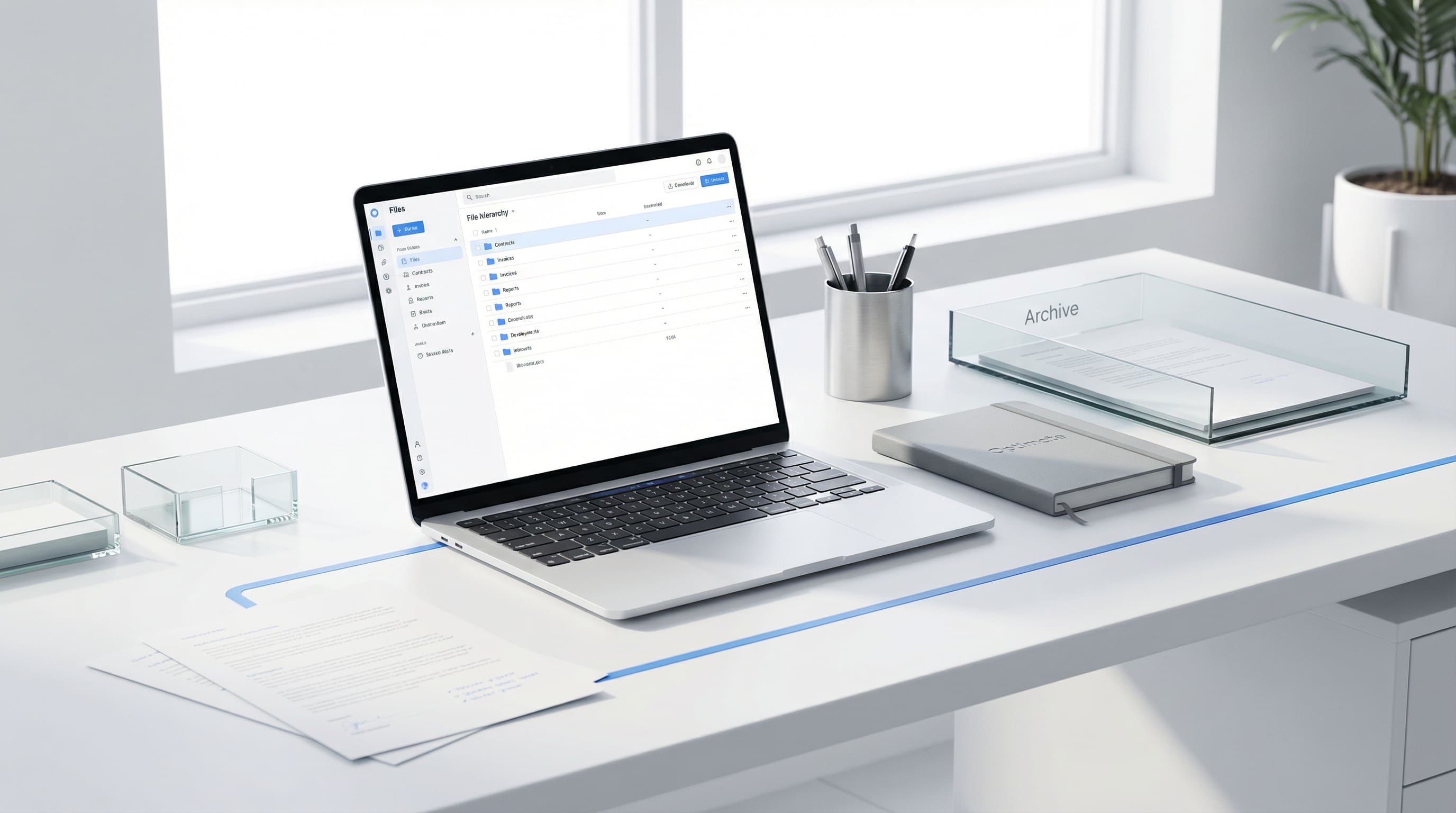 A clean, organized digital workspace with a structured project management view on screen